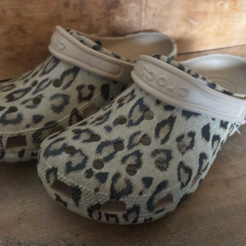CROCS Tan and Black Leopard Print Clogs